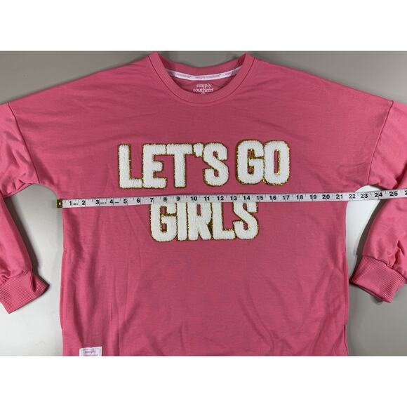 Simply Southern Sweatshirt M Pink LET’S GO GIRLS Sparkle Letter Cowboy Western - Picture 2 of 11
